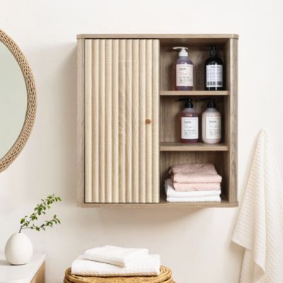 1Pc Manufactured Wood Fluted Panel, Wave Pattern & Open Shelves 1-Door Bathroom Wall Cabinet