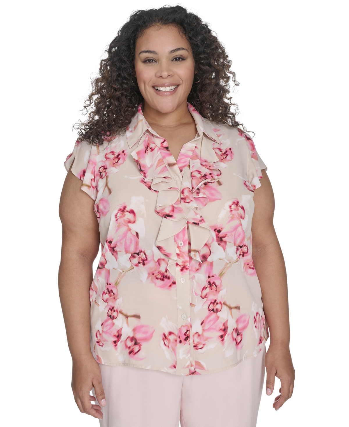 CALVIN KLEIN PLUS SIZE FLORAL RUFFLE-FRONT BLOUSE 
