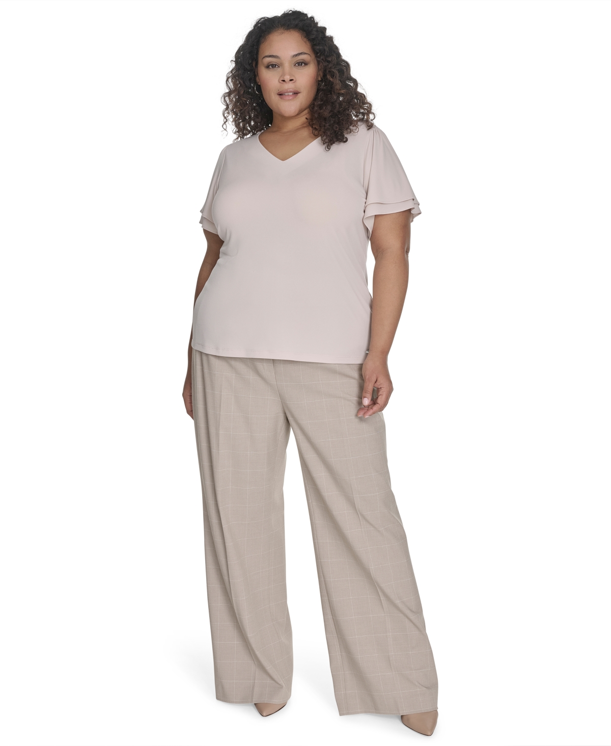 CALVIN KLEIN PLUS SIZE SOLID V-NECK DOUBLE-RUFFLE TOP 