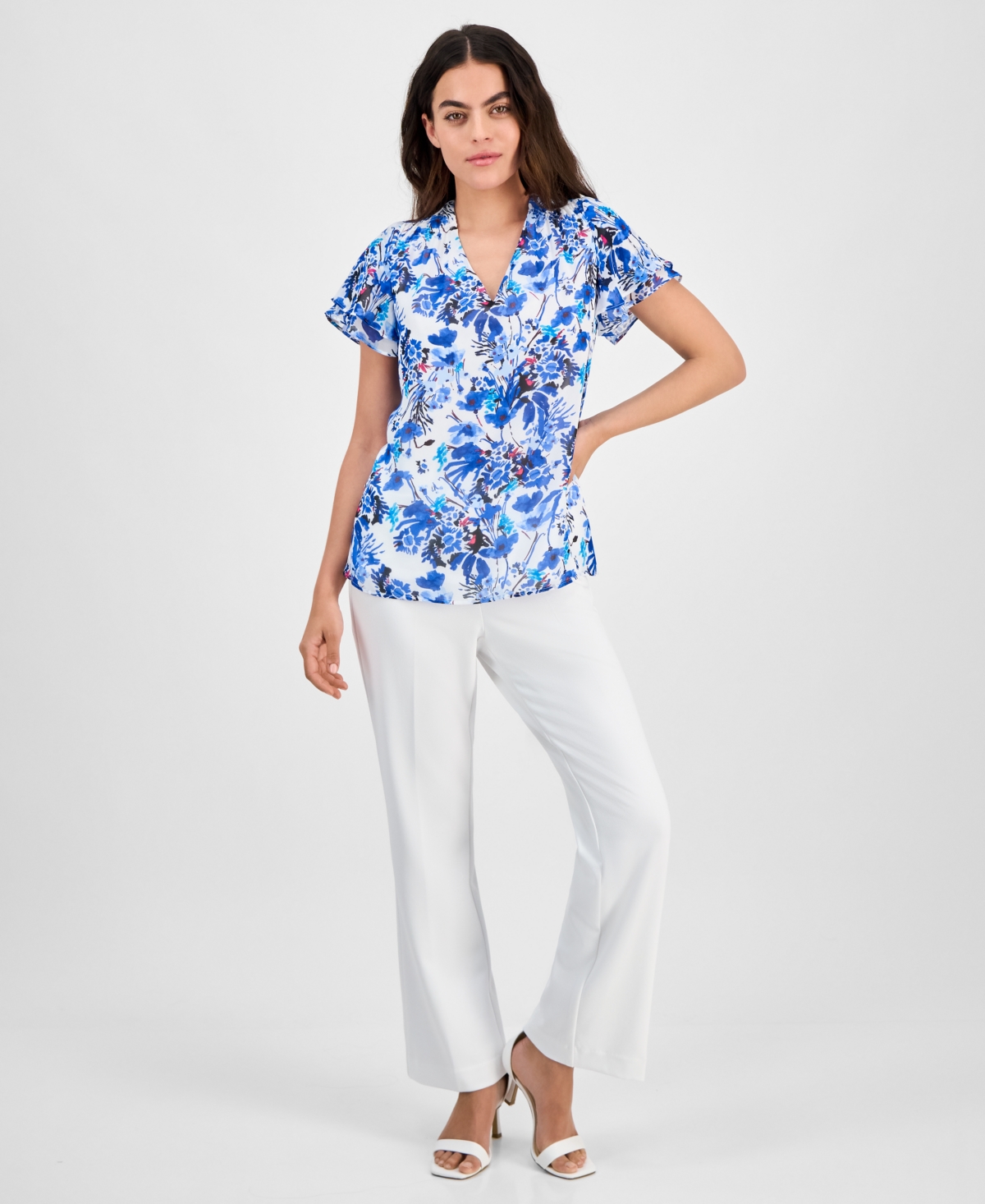 AK ANNE KLEIN PETITE FLORAL BUTTON-DOWN RUFFLE BLOUSE 
