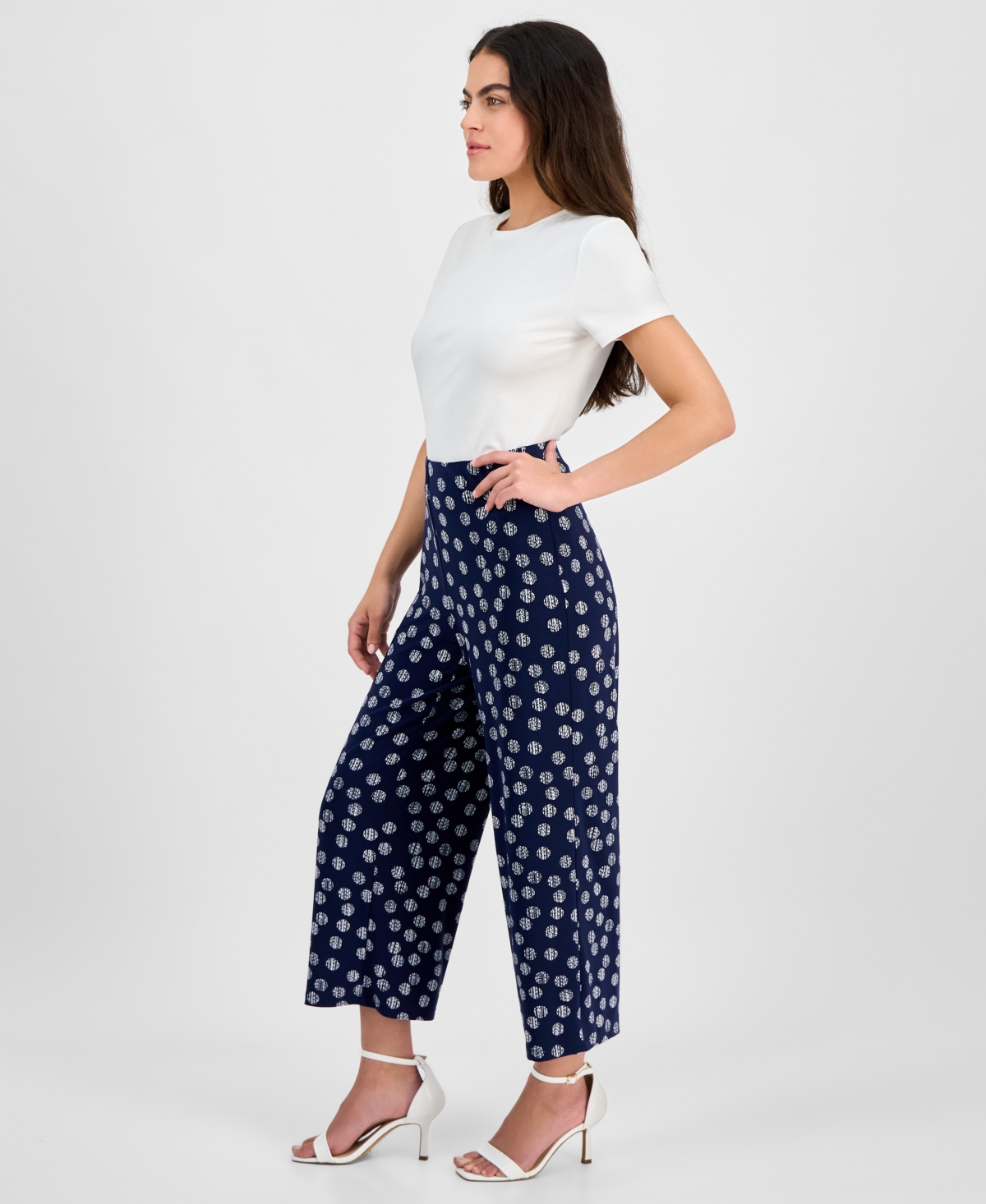 Ak Anne Klein Petite Dot-print Pull-on Mid-rise Pants In Distant Mountain,bright White