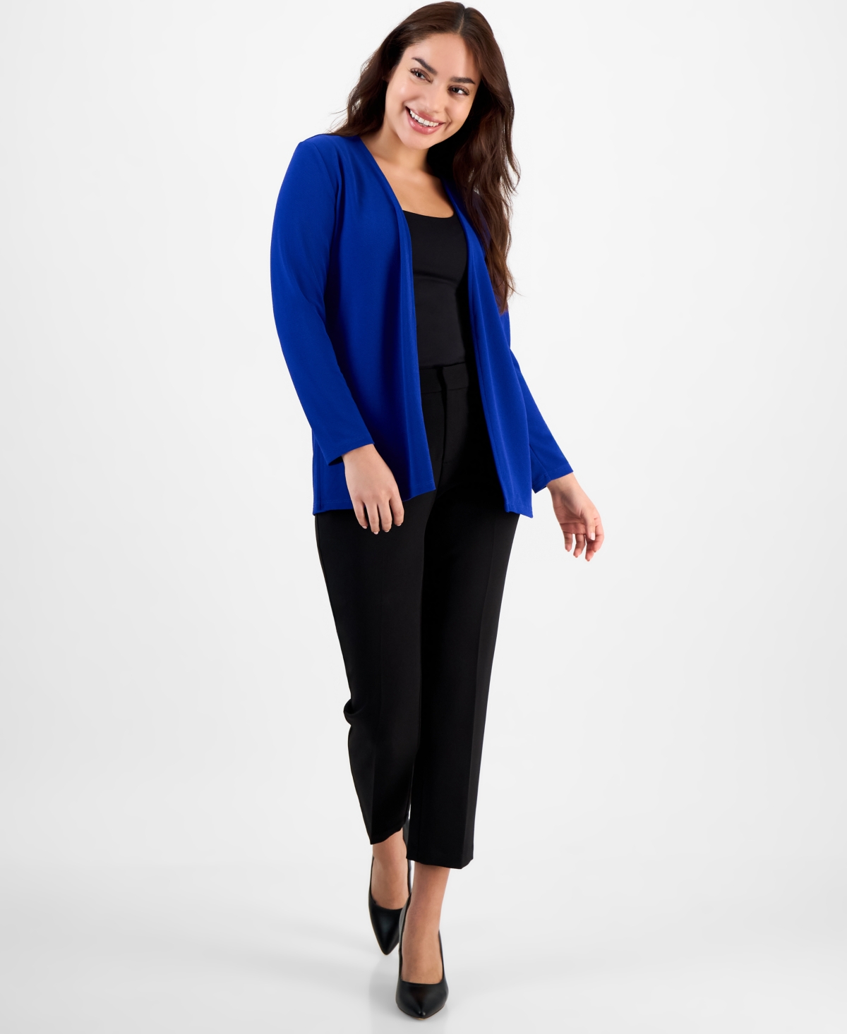 Anne Klein Petite Long-sleeve Buckle-closure Cardigan In Santorini Blue