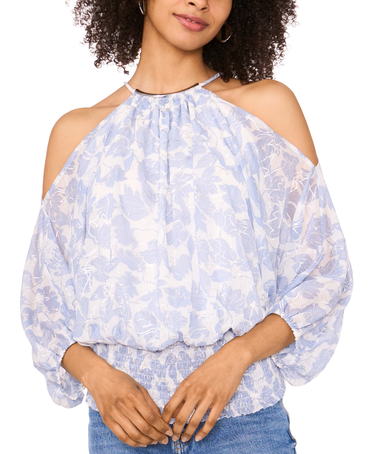 Women's Printed Cold-Shoulder Halter-Neck Blouse - Rainwashed