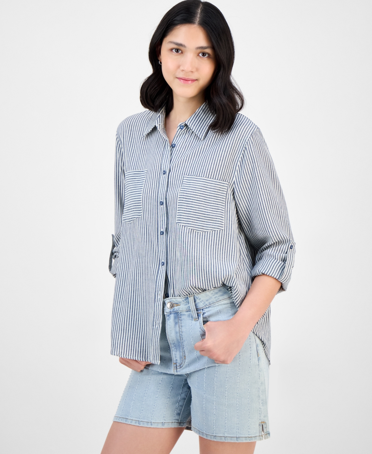 Women's Striped Spread-Collar Button Front Shirt, Macy's Exclusive - Navy Stripe