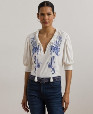 Lauren Ralph Lauren - Women's Embroidered Jersey Tie-Neck Top