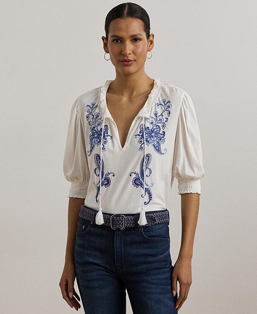 alfani Lauren Ralph Lauren Women's Embroidered Jersey Tie-Neck Top Women's Fashion Shoes & Accessories