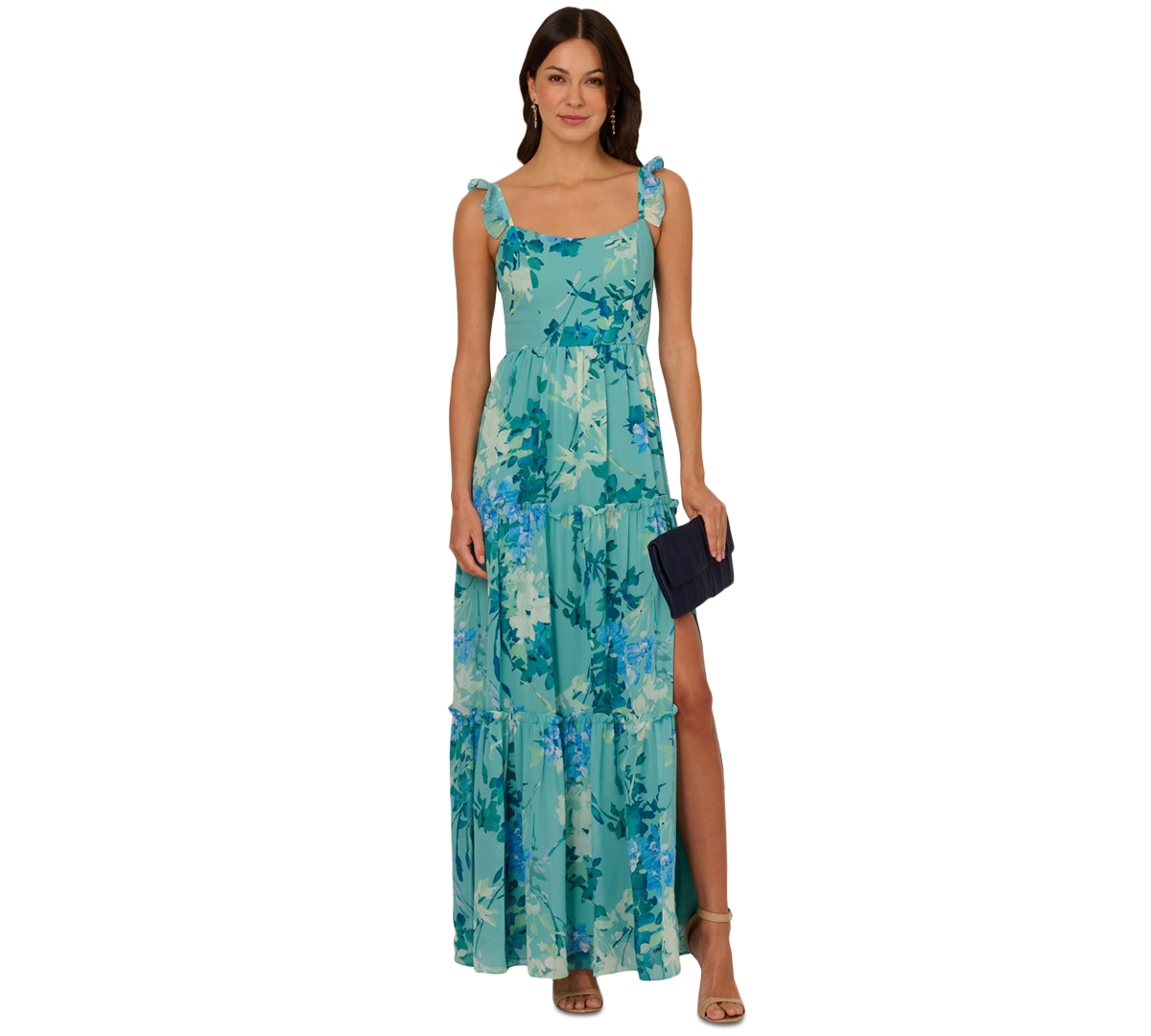 Women's Printed Ruffle-Tiered Chiffon Gown - Slate Multi