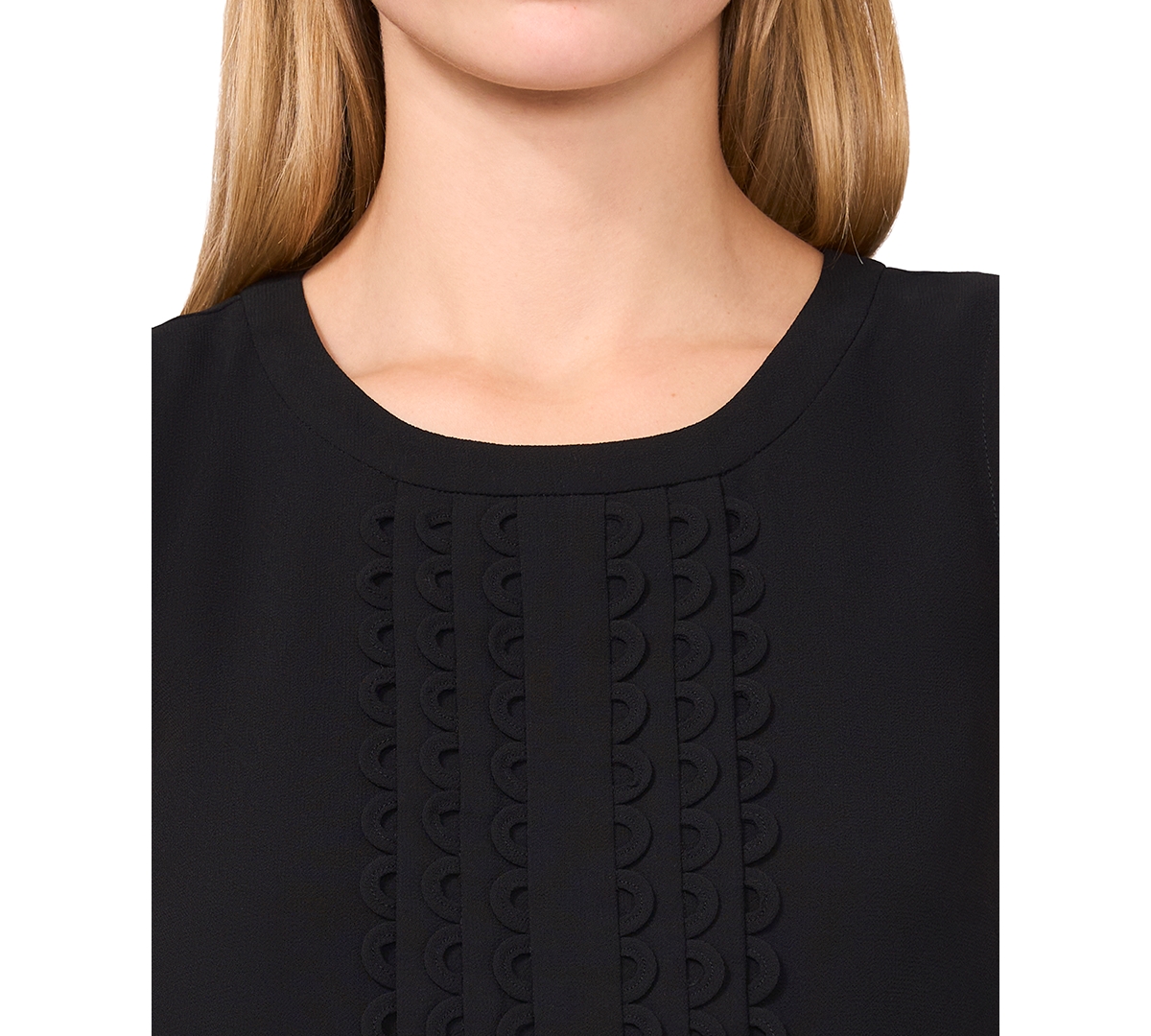 Cece Scalloped Pintuck Pleat Sleeveless Crepe Top In Black
