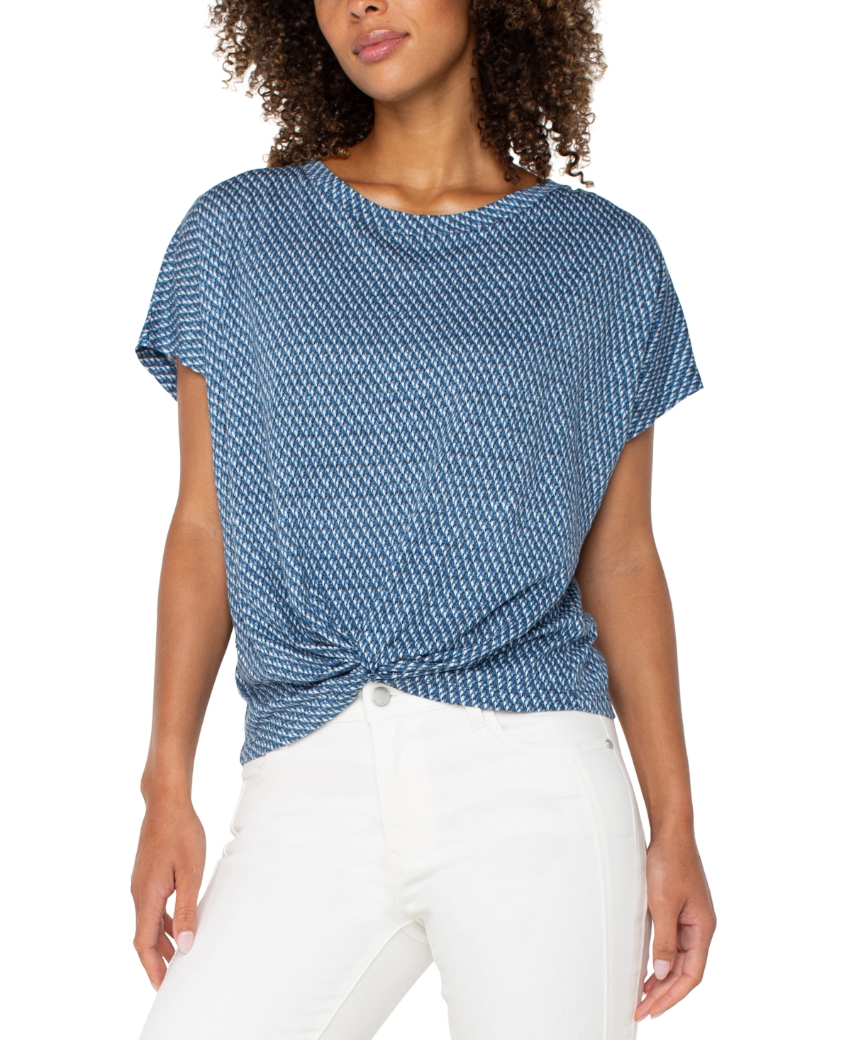 Liverpool Los Angeles Petite Twist-hem Flutter-sleeve Top In Blue