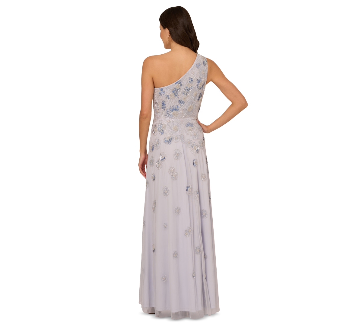 Adrianna Papell Beaded One-shoulder Trumpet Gown In Serenity