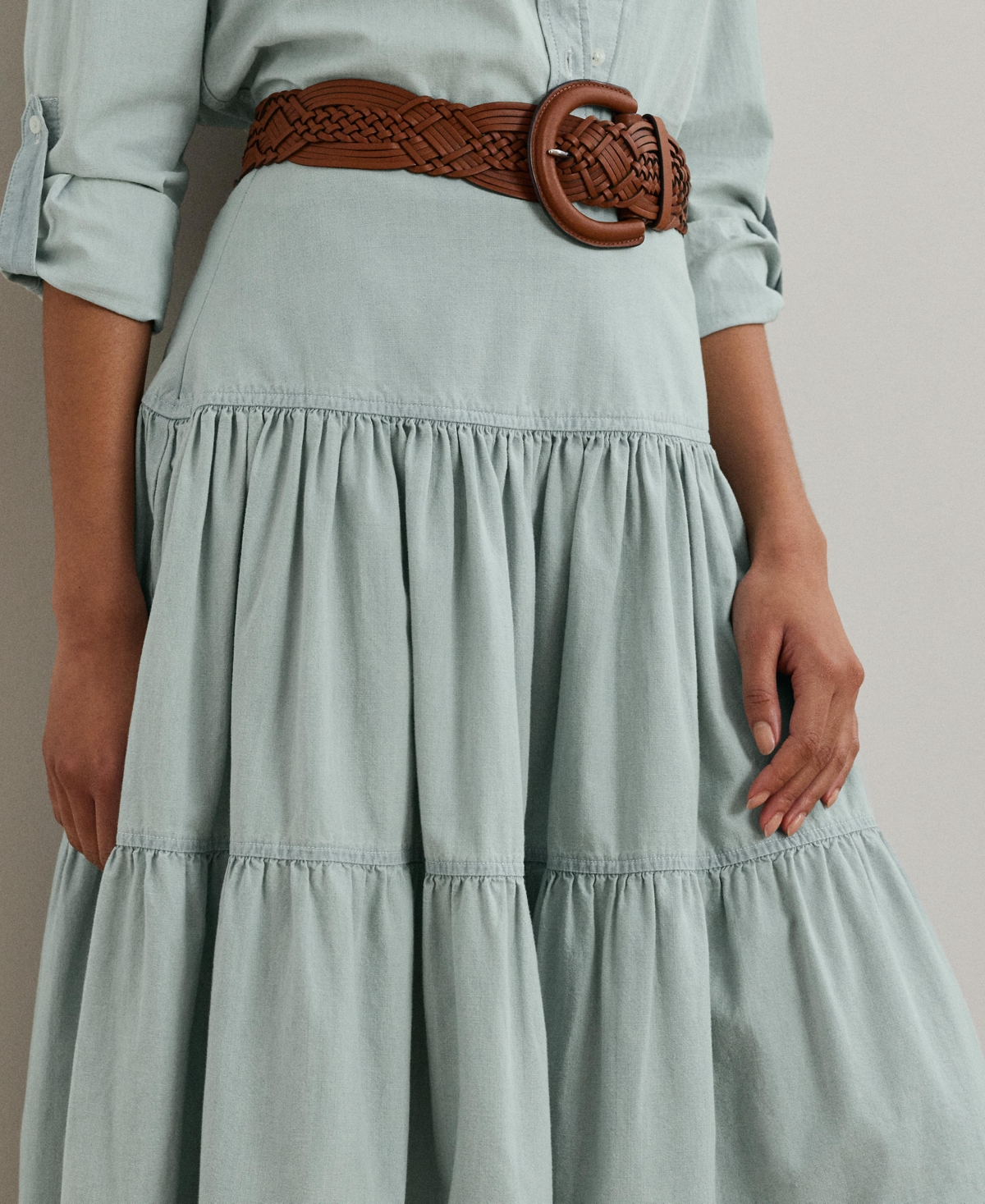RALPH LAUREN WOMEN'S CHAMBRAY TIERED MIDI SKIRT 