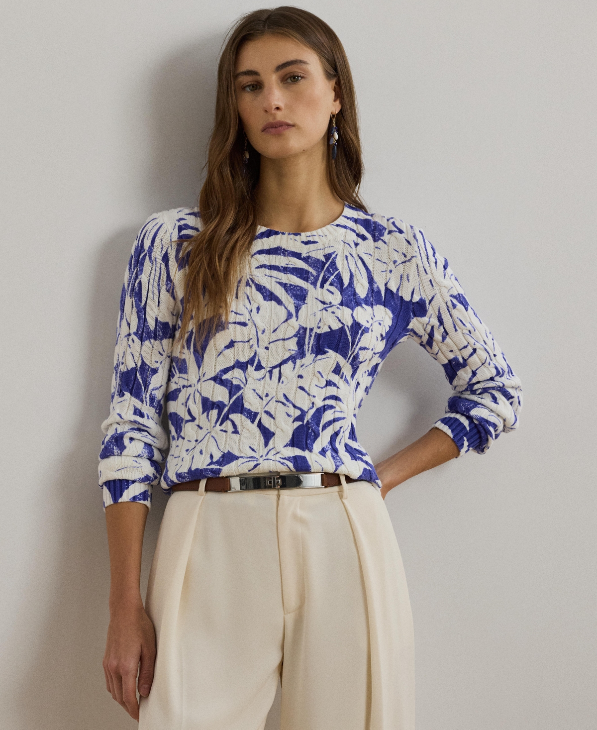 Women's Print Cable-Knit Cotton Sweater - White/Blue