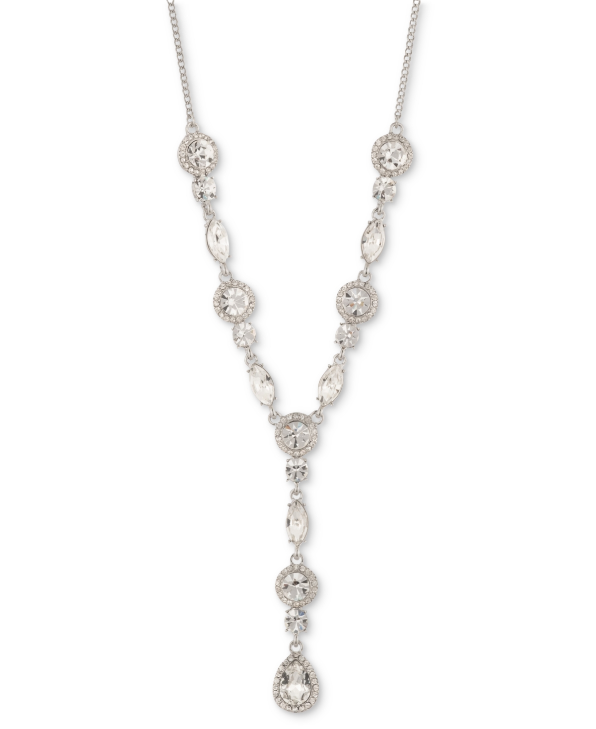 Mixed Crystal Halo Lariat Necklace, 16" + 3" extender - Silver
