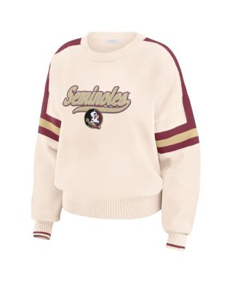 Women's Cream Florida State Seminoles Chenille Woven Patch Stripe Pullover Sweater