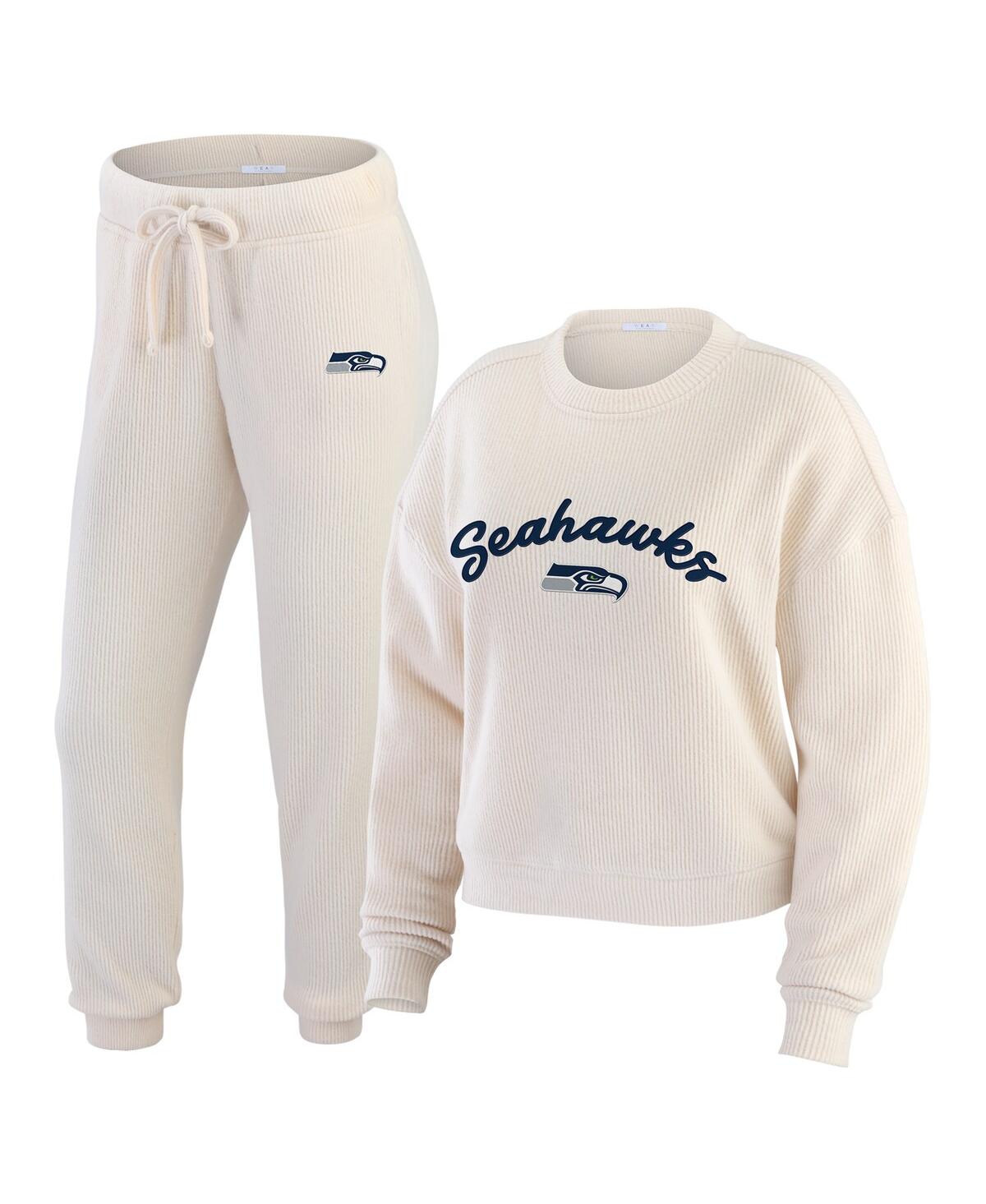 Women's Oatmeal Seattle Seahawks Plus Size Rib-Knit Long Sleeve T-Shirt & Pants Lounge Set - Oatmeal