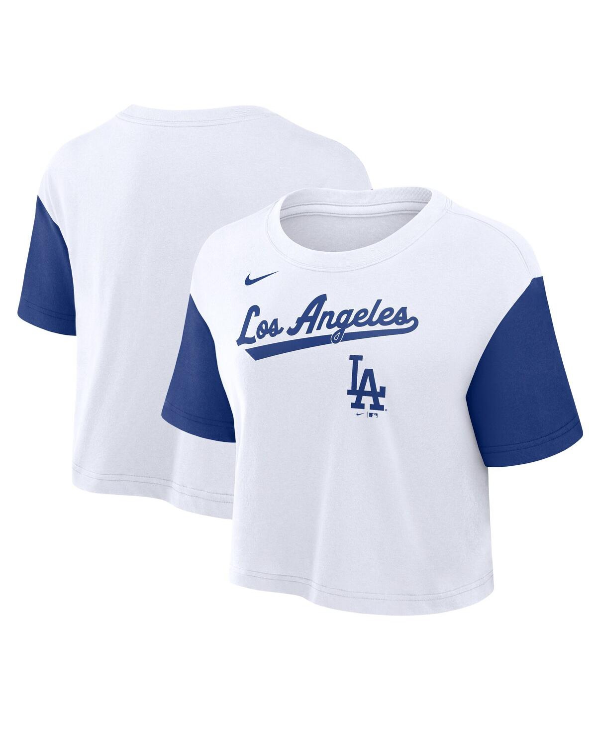Nike Women's White/royal Los Angeles Dodgers Script Cropped Performance T-shirt In White,royal