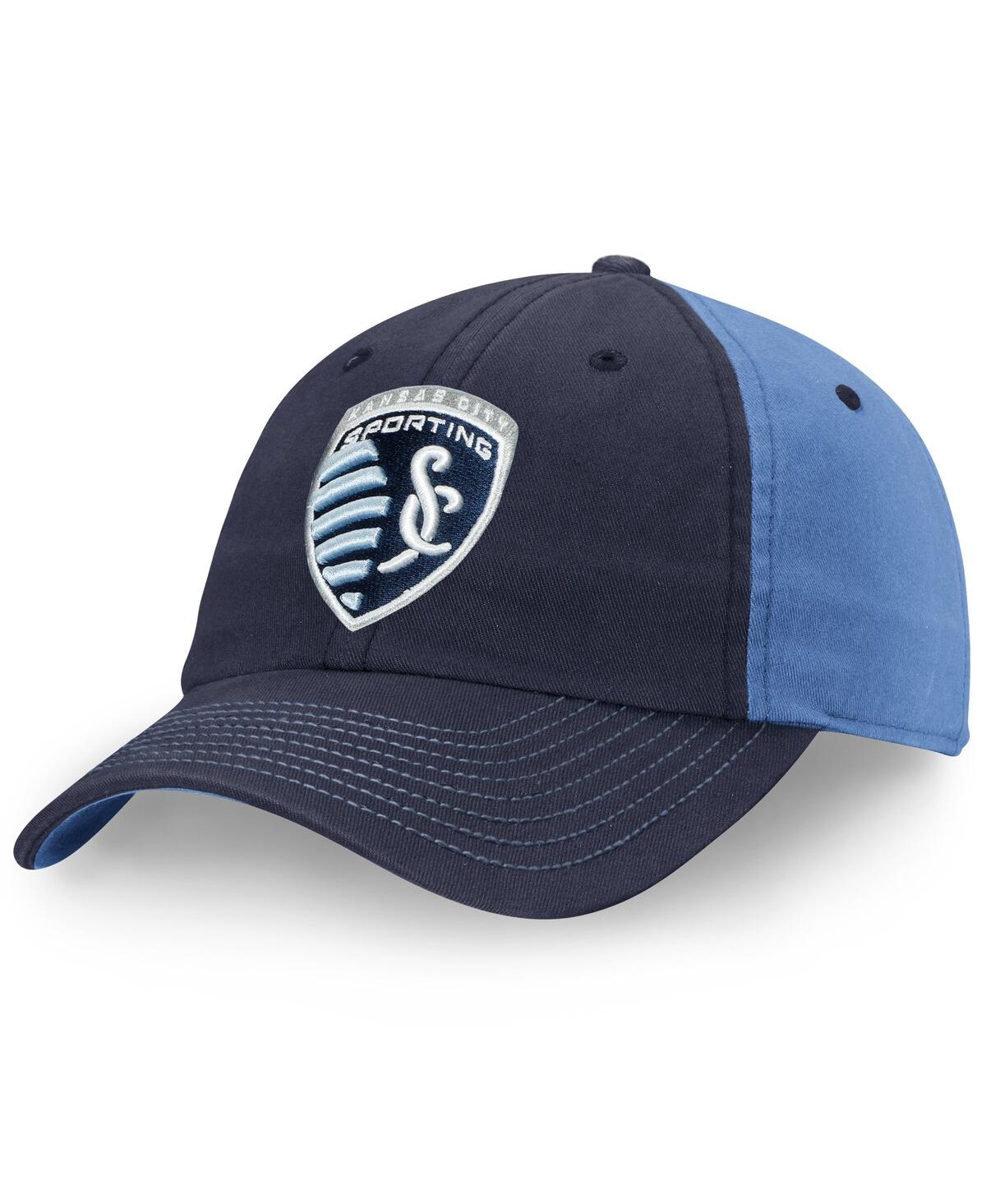 Fanatics Men's Navy/blue Sporting Kansas City Iconic Blocked Fundamental Adjustable Hat In Navy,blue