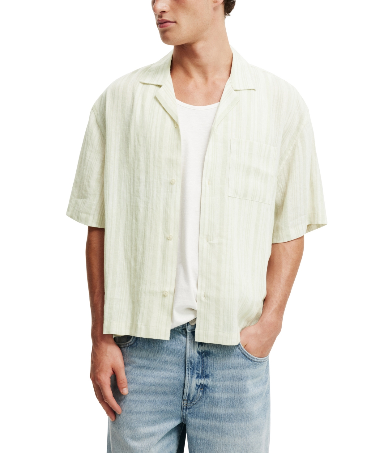 Shop Cotton On Men's Box Fit Short Sleeve Shirt In Soft Green Stripe