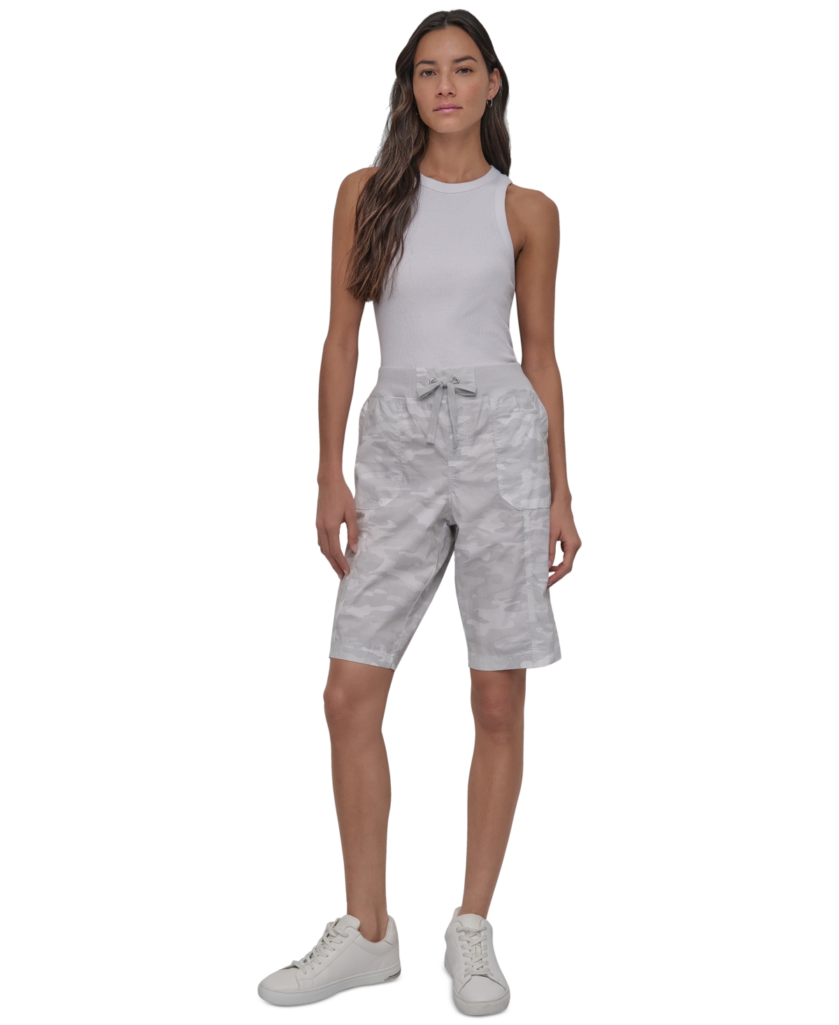 Dkny Sport Women's Smocked-waist Convertible Shorts In Camo Vapor Grey
