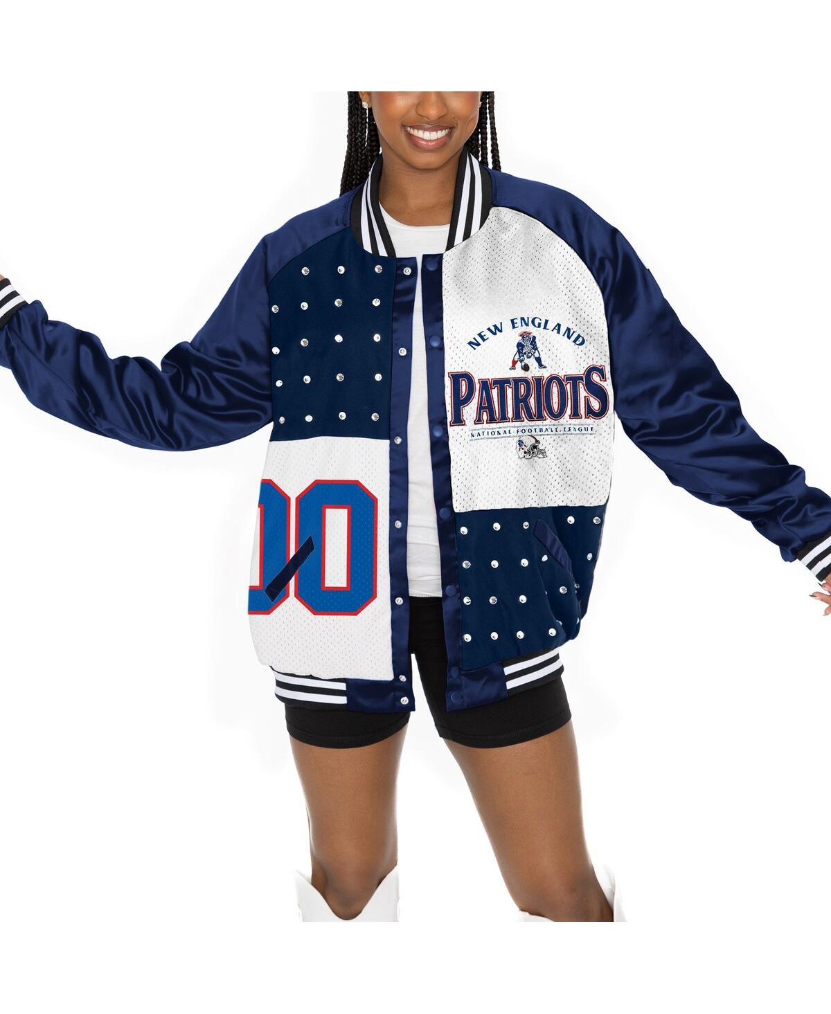 Shop Gameday Couture Women's Navy/white New England Patriots Oversized Hot Shot Rhinestone Throwback Full-snap Varsity Bo In Navy,white