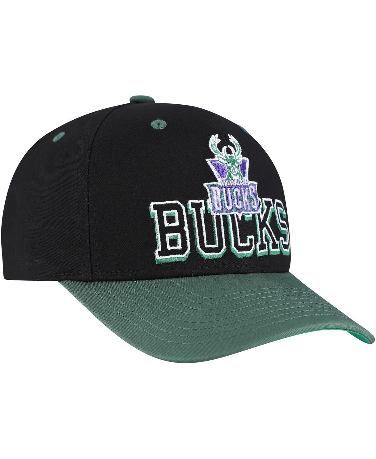 Mitchell & Ness Men's Black/hunter Green Milwaukee Bucks Backside Script Two-tone Pro Crown Adjustable Hat In Black,hunter Green