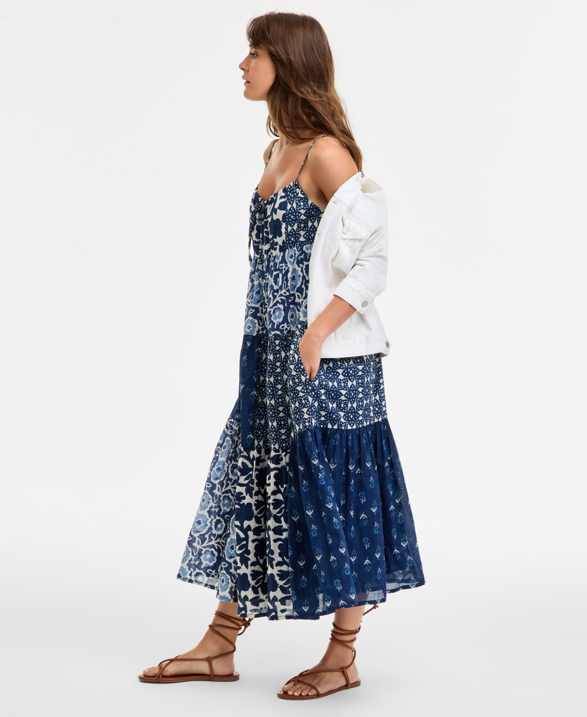 LUCKY BRAND WOMEN'S PATCHWORK PRINTED SLEEVELESS TIERED MIDI DRESS 