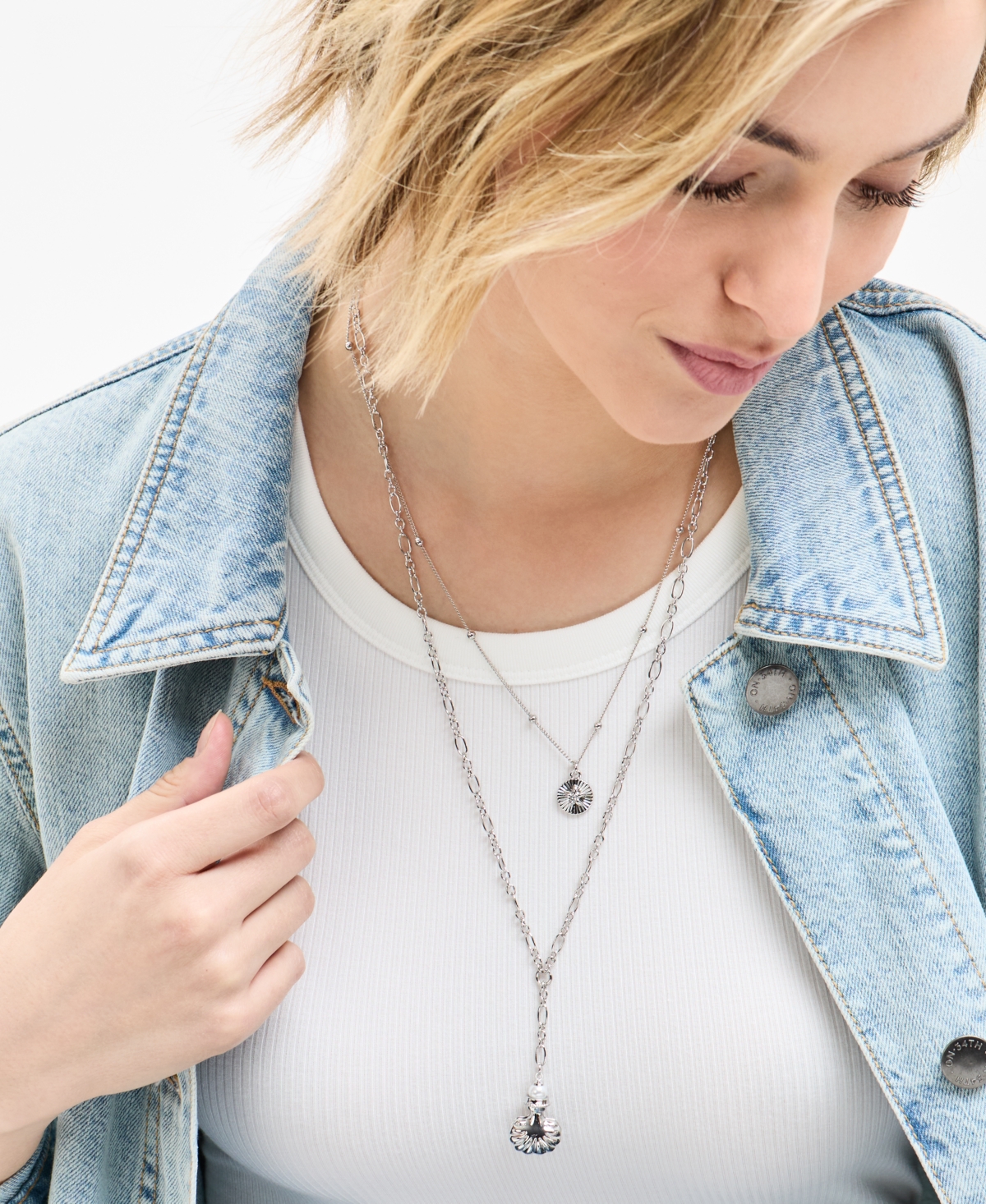ON 34TH SILVER-TONE SHELL LAYERED LARIAT NECKLACE, 17" + 3" EXTENDER, EXCLUSIVELY AT MACY'S 