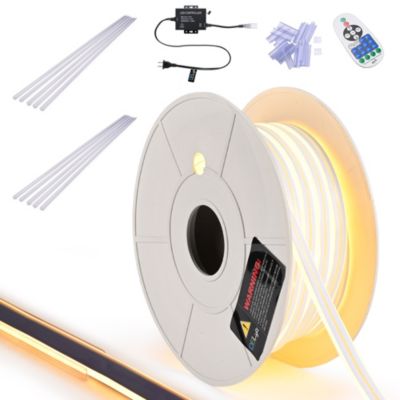 50FT Warm White Neon Rope Lights with 2" Plastic U Channel System 10PCS,Remote Control AC 110V Waterproof Cuttable DEL-D1M50W