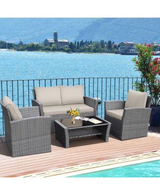 4 Piece Outdoor Furniture Set Patio Rattan Conversation Set w/ Cushions