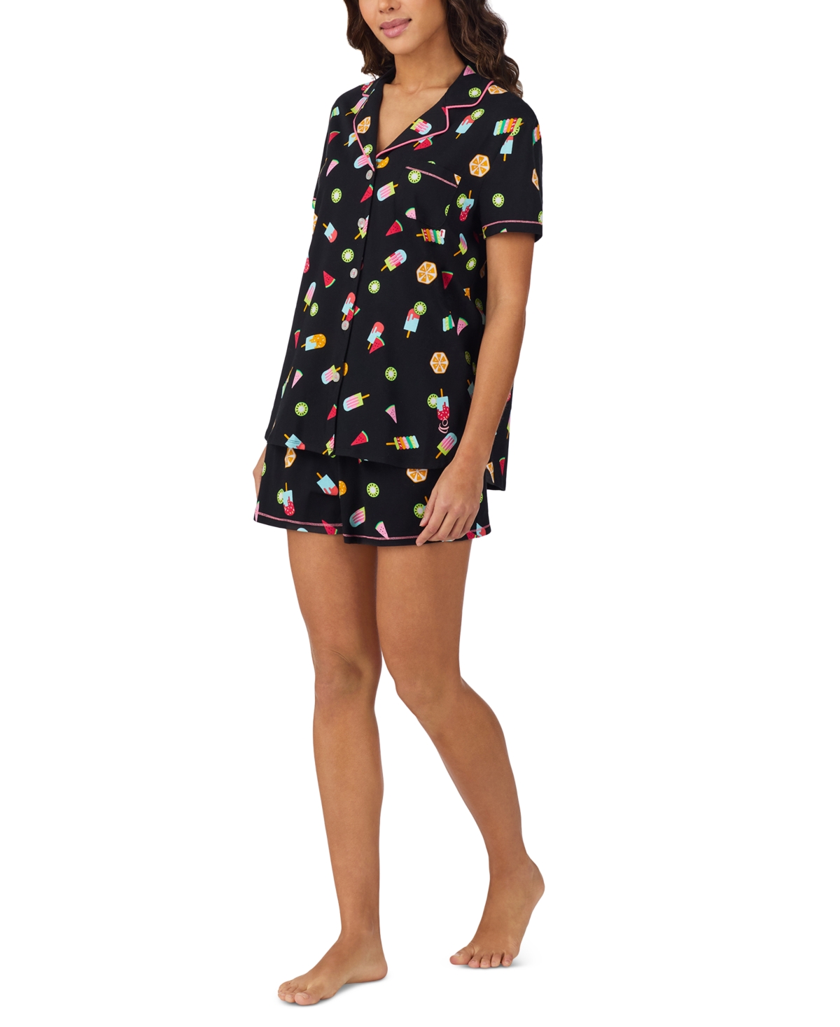 Shop Cuddl Duds Women's Printed Short-sleeve Boxer Pajama Set In Blk Novel