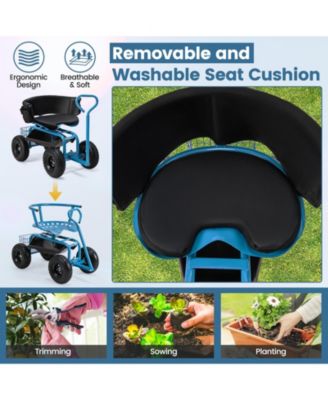 Cushioned Rolling Garden Cart Scooter with Storage Basket and Tool Pouch