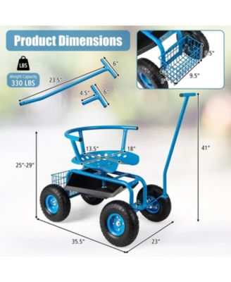 Height Adjustable Swivel Seat and Storage Basket Rolling Garden Cart