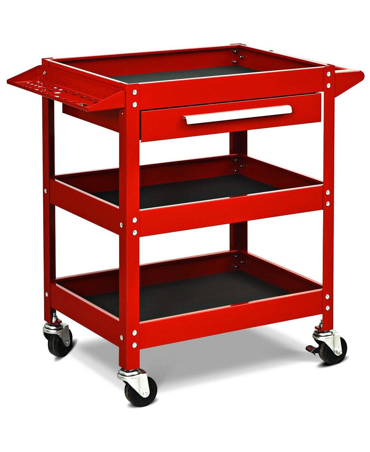 3-Tray Tool Cart with Drawer and 4 Universal Wheels - Red
