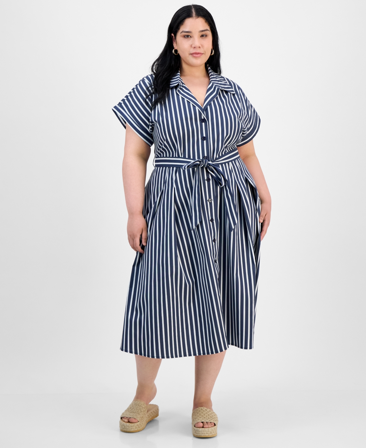 Plus Size Striped Tie-Waist Button-Down Cotton Midi Dress - Navy