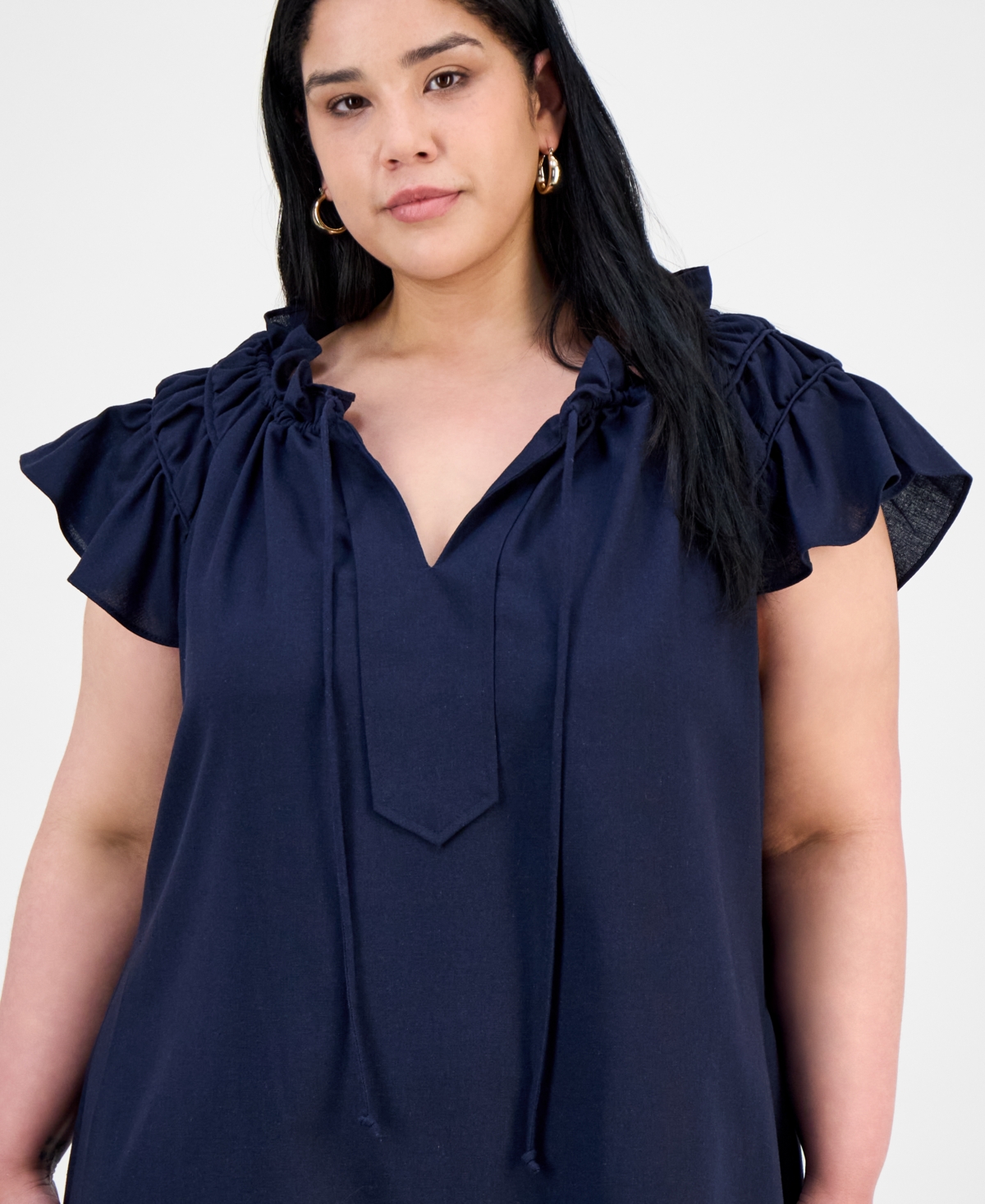 ROBBIE BEE PLUS SIZE FLUTTER-SLEEVE TIE-NECK SHIFT DRESS 