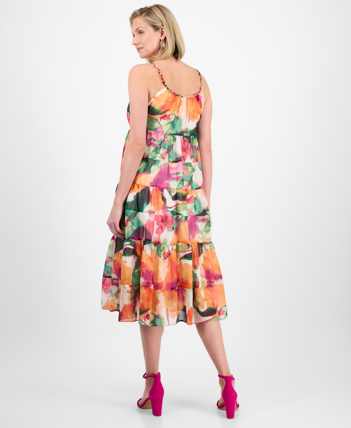 Robbie Bee Petite Printed Sleeveless Tiered Midi Dress In Multi