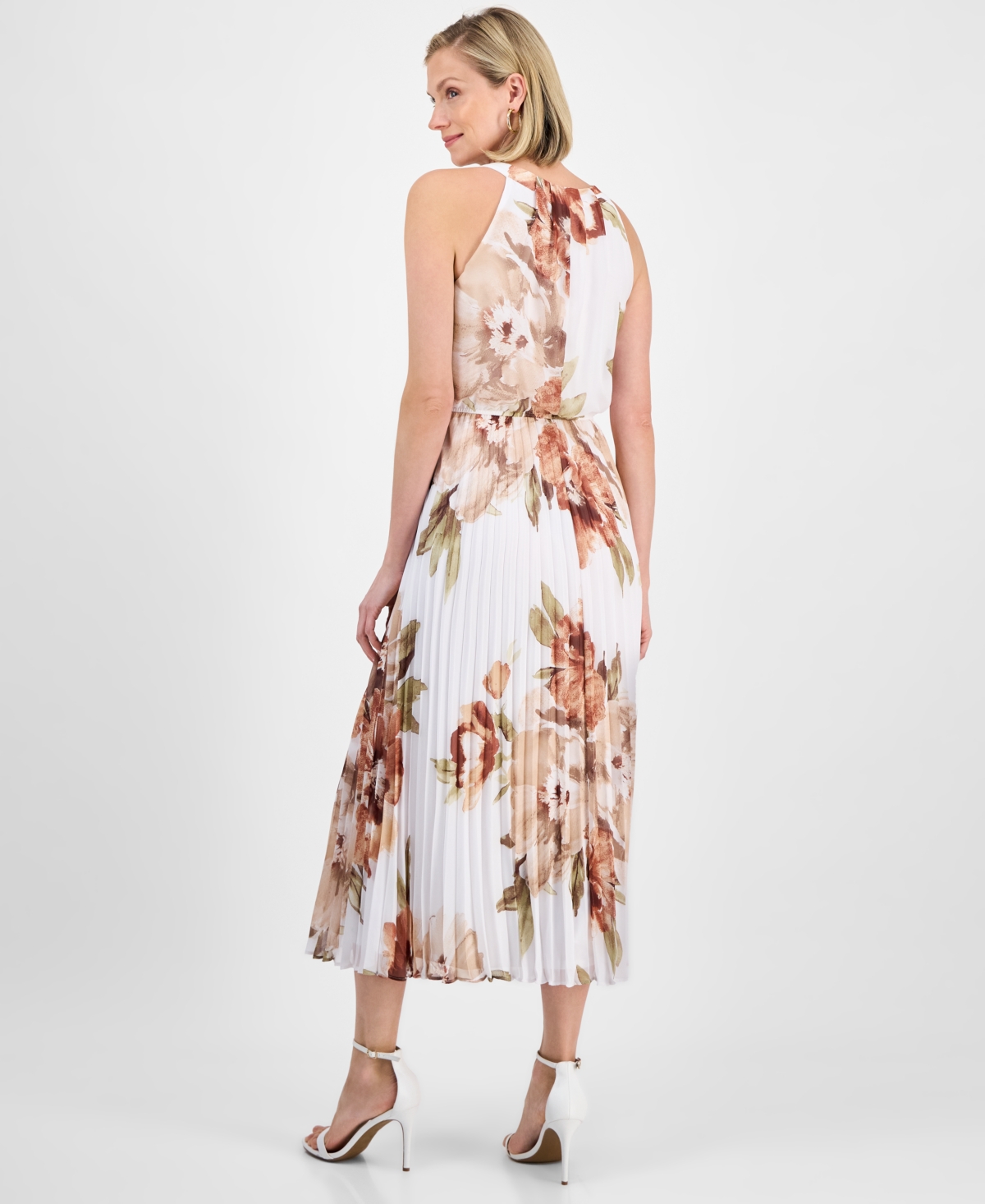 Robbie Bee Petite Floral-print Elastic-waist Pleated Halter Midi Dress In Ivory Brown