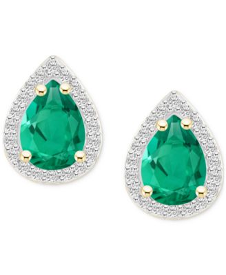 Lab-Created Emerald (1-1/3 ct. t.w.) & Lab-Created White Sapphire Pear Halo Stud Earrings in 10k Gold