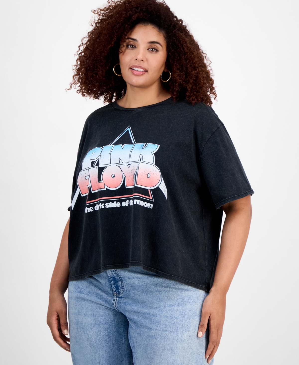 Trendy Plus Size Pink Floyd Cropped Tee - Black