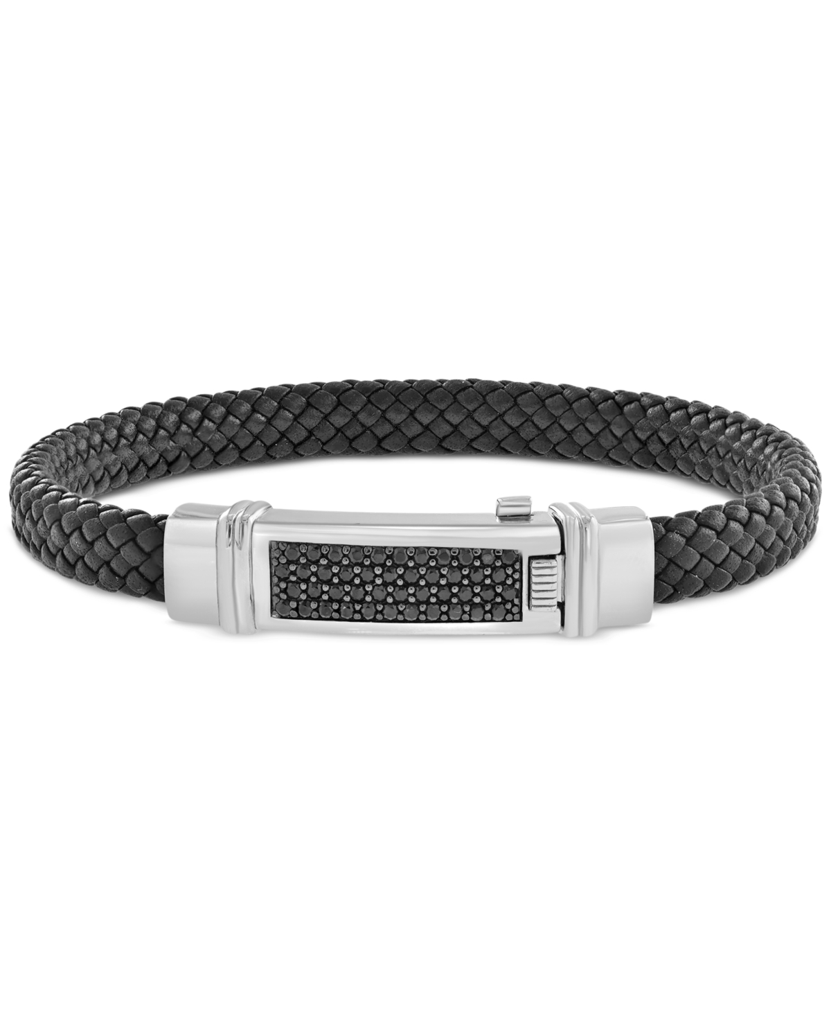 Effy Men's Black Spinel Pave Woven Black Leather Bracelet (3/4 ct. t.w.) in Sterling Silver - Sterling Silver