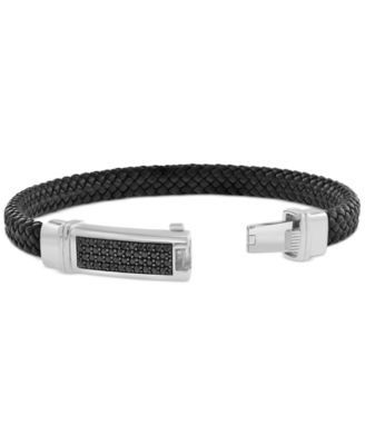 EFFY&reg; Men's Black Spinel Pav&eacute; Woven Black Leather Bracelet (3/4 ct. t.w.) in Sterling Silver