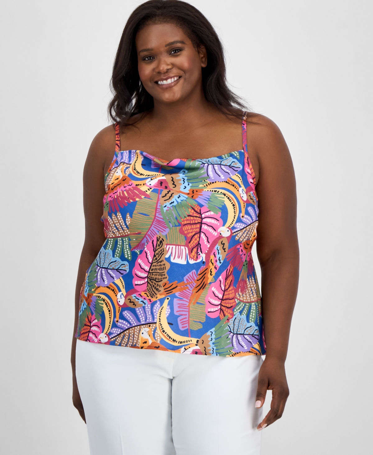 Plus Size Printed Satin Draped-Neck Camisole Top - Wild Berry