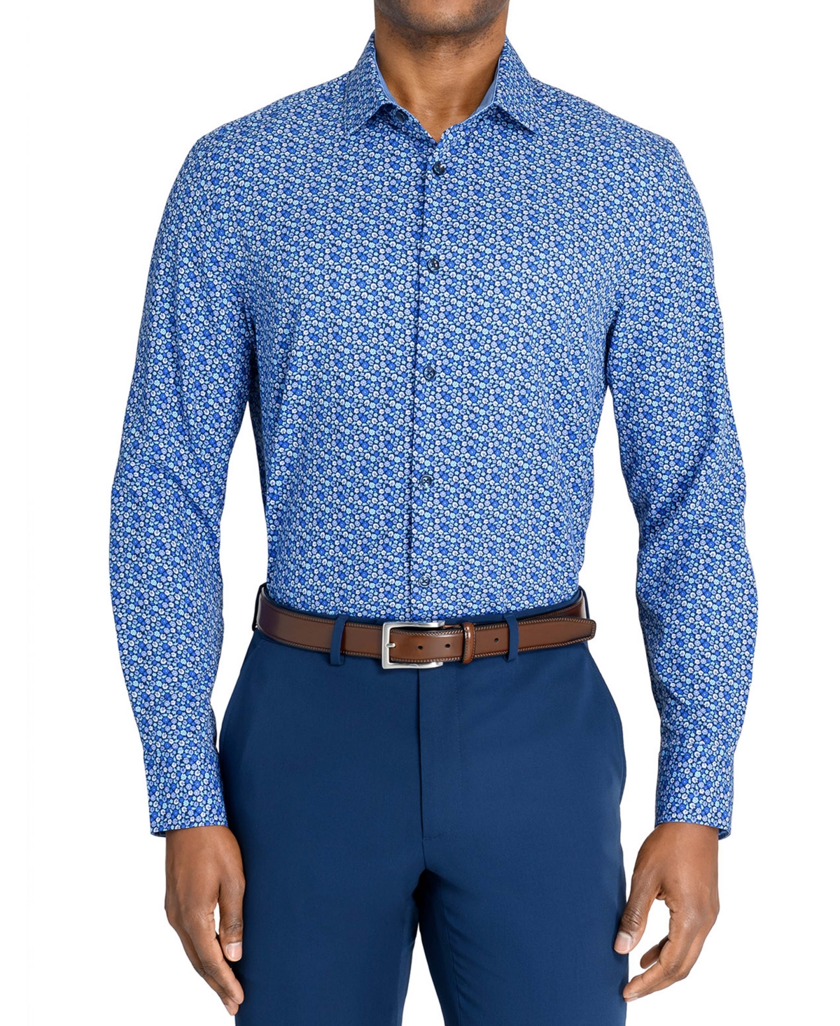 Men's Recycled Slim Fit Floral 4-Way Stretch Performance Dress Shirt - Navy Purple