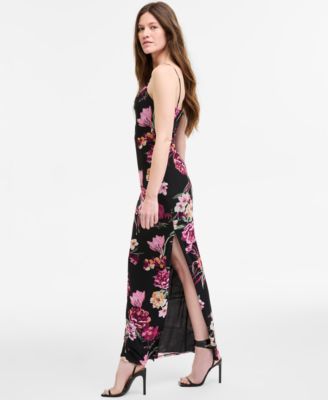 Juniors' Cowlneck Side-Slit Floral-Print Slip Dress