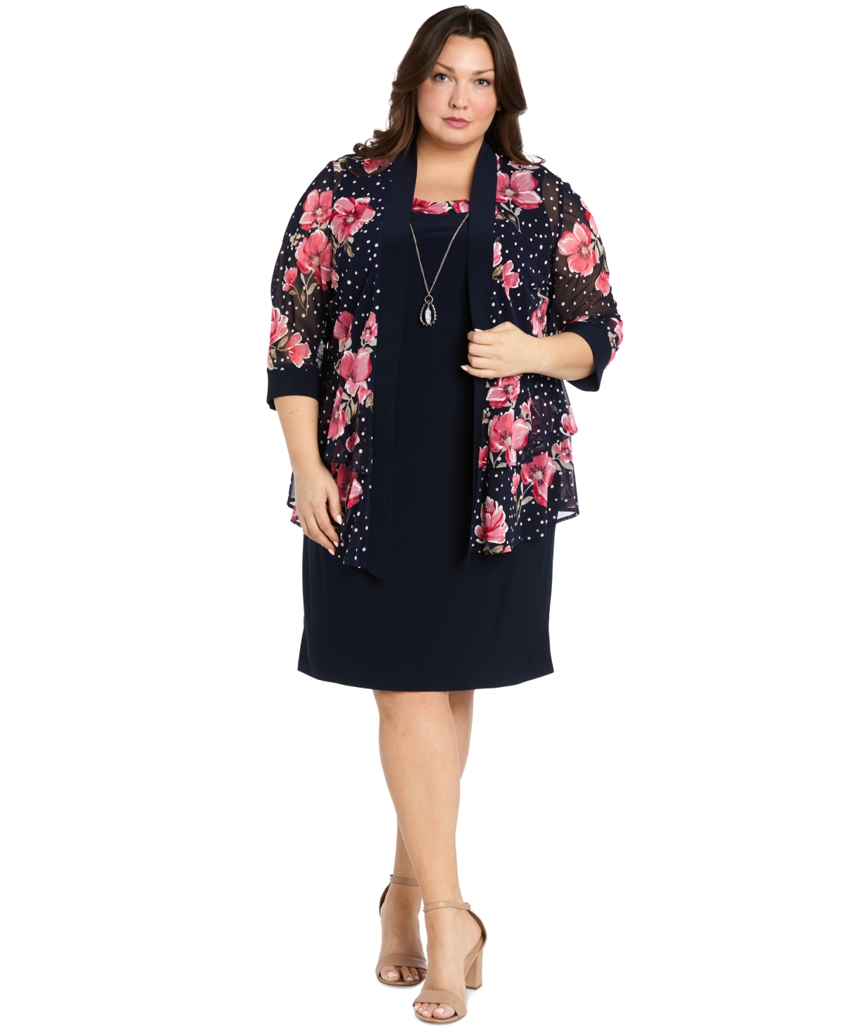 Plus Size 2.Pc Jewelry Contrast-Trim Sheath Dress & Floral 3/4-Sleeve Jacket - Navy Rose