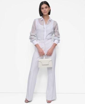 Dkny Womens Striped Button Front Shirt Flare Leg Pants In White