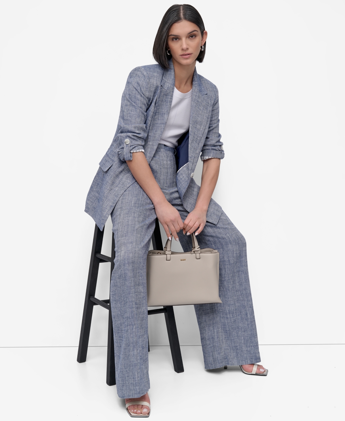 Shop Dkny Women's Linen Blend One-button Blazer In Atlantic Blue,ivory