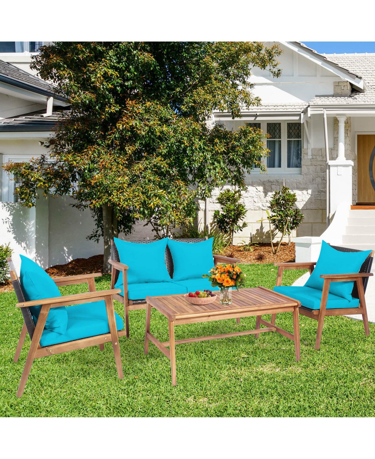 Gymax Piece Wood Frame Furniture Set Patio Conversation Set w/ Cushions