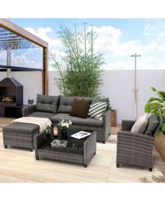 4 Piece Rattan Outdoor Conversation Sectional Sofa Set Patio Furniture Set w/ Cushions