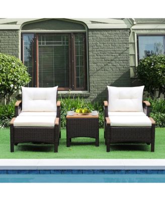 5 Piece  PE Wicker Lounge Chair Outdoor Patio Rattan Furniture Set w/ Wood Tabletop Cushions